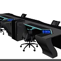 Modern Multi workstation Office Desk With Display Screens And Ergonomic Chairs In White Sleek Design