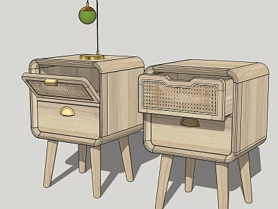 Two Wooden Nightstands With Drawers And Woven Details In Simple Modern Design 3d model