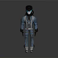 Futuristic Sci Fi Game Movie Character Wearing Blue Black Armored Outfit Helmet And Silver Boots