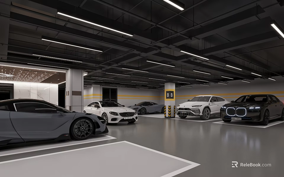 Modern Parking Garage Interior With Multiple Parked Cars Clear Lines And Lighting 3d model 