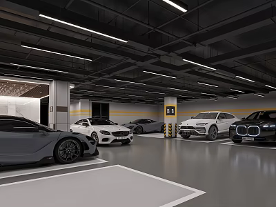Modern Parking Garage Interior With Multiple Parked Cars Clear Lines And Lighting 3d model