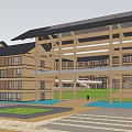 Traditional Style Hotel Building With Wooden Glass Facade Lawn Pool And Background Mountain