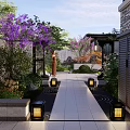 Traditional Chinese Garden Landscape With Pavilion Stone Bridge Lush Trees Lanterns And Water Feature