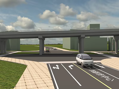 Highway Bridge with Cars Driving Under Clear Sky and Green Grass Surroundings 3d model