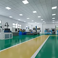 Spacious Factory Interior With Green Yellow Floor Blue Machinery White Ceiling And Multiple Machines