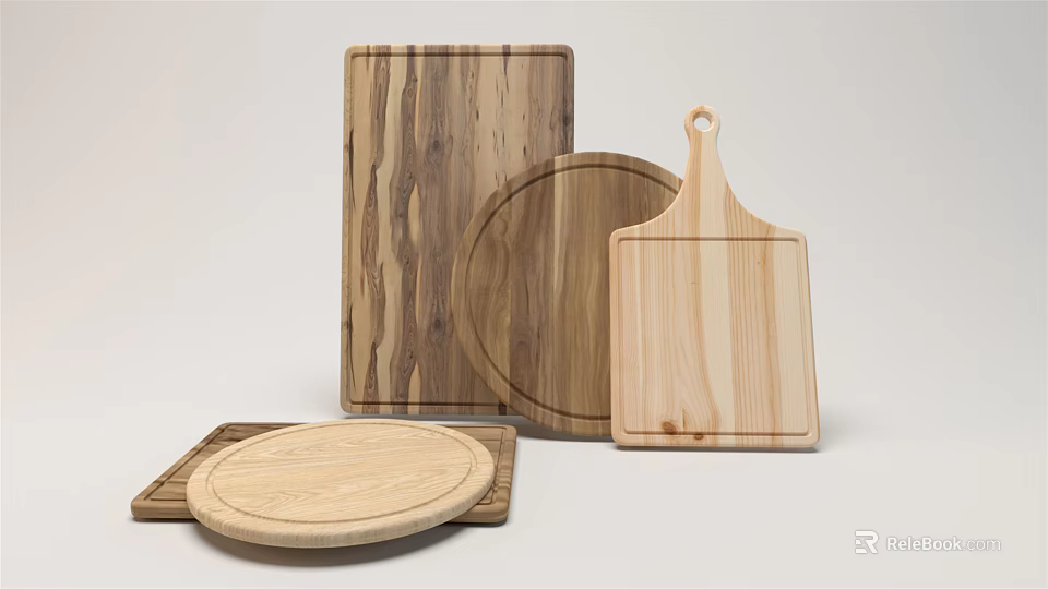 Various Wooden Cutting Boards For Kitchen With Rectangular Round Shapes And Handles 3d model 
