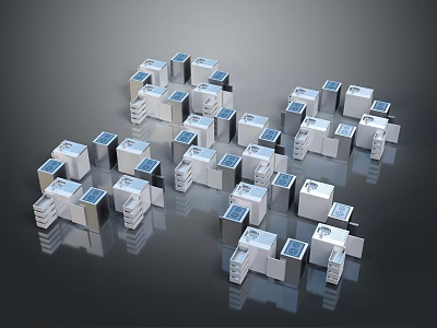 Silver And White Cubes In Stacked Arrangement With Small Blue Squares On Surface 3d model