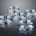 Silver And White Cubes In Stacked Arrangement With Small Blue Squares On Surface