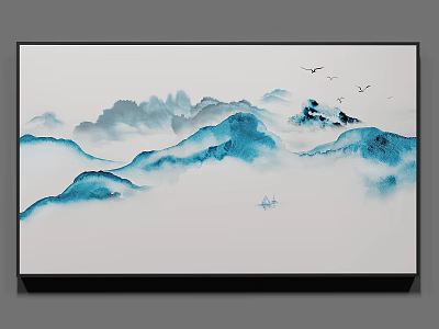 Layered Blue Mountains Landscape Painting With Misty Clouds Flying Birds And Small Boat On Water 3d model