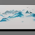 Layered Blue Mountains Landscape Painting With Misty Clouds Flying Birds And Small Boat On Water