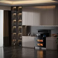Modern Kitchen Interior With Glass Shelves Lighting Cabinets And Appliances On Dark Tiled Floor