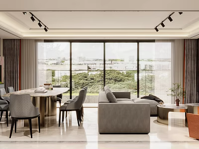 Modern Living Dining Room Interior With Floor to Ceiling Windows Gray Sofa Dining Table and Track Lights 3d model