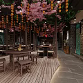 Traditional Chinese Style Restaurant Interior With Unique Boat Shaped Dining Booth And Charming Festive Decorations
