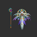 Mythical Character And Serpent Creature With White Hair Ornate Robes Colorful Wings And Gem Staff