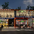 Two Story Container Cafe With Outdoor Seating Green Umbrellas Trees And Illuminated Lighting