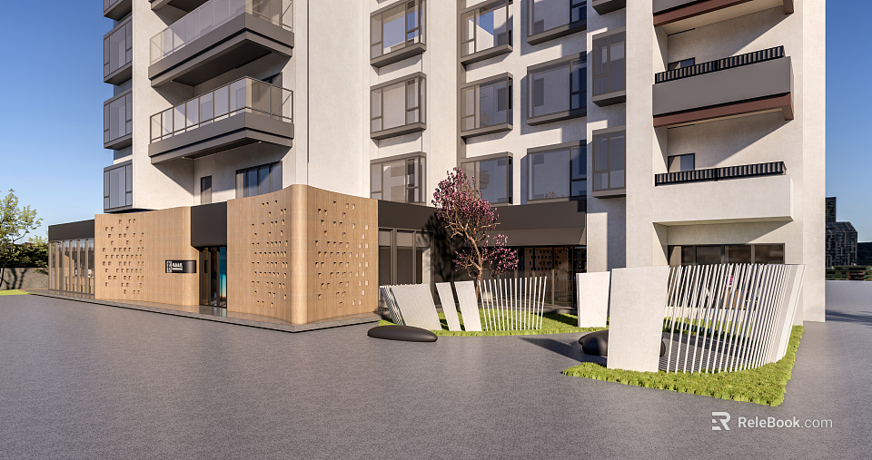 Modern Storefront Facade With Wooden Wall Glass Entrance And Greenery Around Building Exterior 3d model 