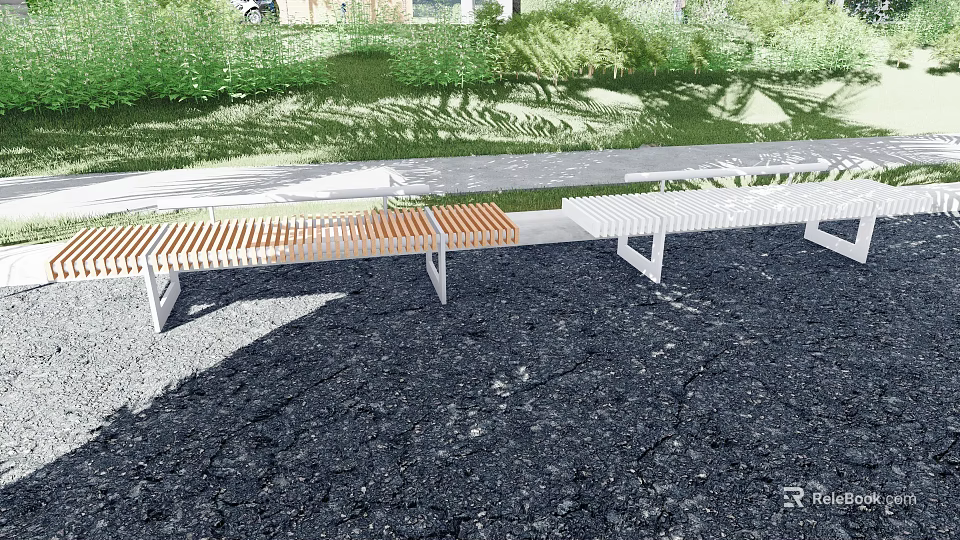Outdoor Landscape Seats With Wooden Slats And Metal Frames In Grassy Area 3d model 