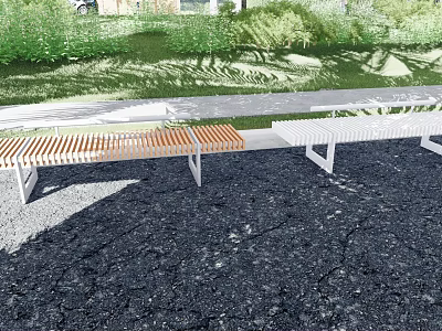 Outdoor Landscape Seats With Wooden Slats And Metal Frames In Grassy Area 3d model