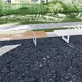 Outdoor Landscape Seats With Wooden Slats And Metal Frames In Grassy Area