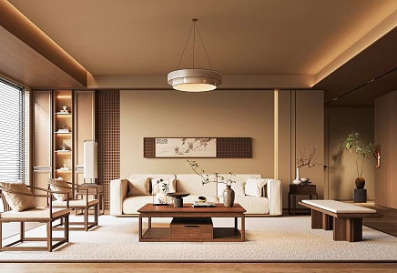 New Chinese Style Living Room Sofa Coffee Table Combination Chandelier Sofa Background Wall Green Plant Potted Plant 3d model
