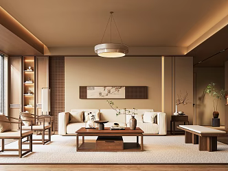 New Chinese Style Living Room Sofa Coffee Table Combination Chandelier Sofa Background Wall Green Plant Potted Plant 3d model