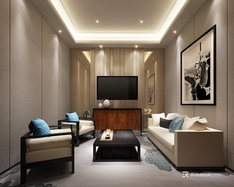 Elegant Modern Living Room Interior Design With Sofa Chairs Coffee Table TV and Decorative Paintings 3d model 