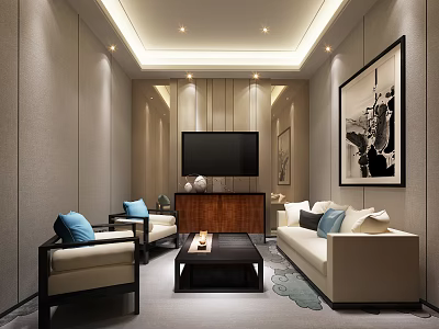 Elegant Modern Living Room Interior Design With Sofa Chairs Coffee Table TV and Decorative Paintings 3d model