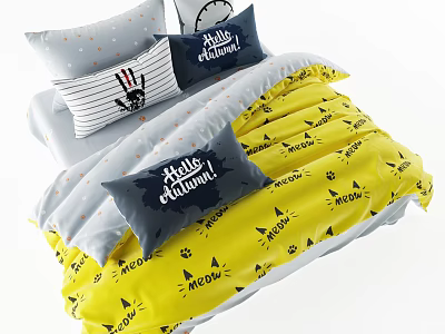 Cozy Double Bed With Striped Polka Dot Pillows And Yellow Hello Autumn Pattern Quilt 3d model