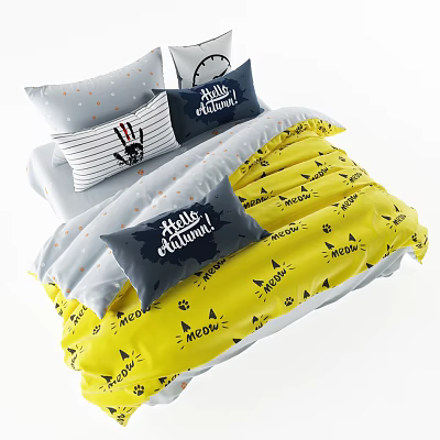 Cozy Double Bed With Striped Polka Dot Pillows And Yellow Hello Autumn Pattern Quilt 3d model