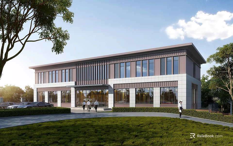 Modern Commercial Building Exterior With Large Glass Windows Entrance Green Lawn And People Walking 3d model 