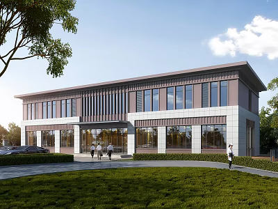 Modern Commercial Building Exterior With Large Glass Windows Entrance Green Lawn And People Walking 3d model