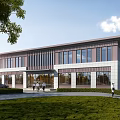 Modern Commercial Building Exterior With Large Glass Windows Entrance Green Lawn And People Walking