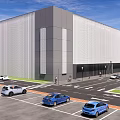 Modern Industrial Factory Building Exterior View with Parking Lot and Parked Vehicles