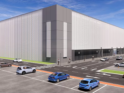 Modern Industrial Factory Building Exterior View with Parking Lot and Parked Vehicles 3d model