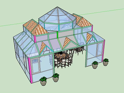 Modern Glasshouse Interior Design With Round Table Chairs And Potted Plants 3d model