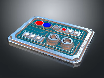 Vintage Metal Control Panel With Red Blue Buttons Knobs And Indicator Lights 3d model