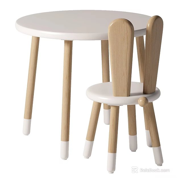 Nordic Cute Natural Solid Wood Rabbit Ears Children Chair With Smooth White Round Kids Table 3d model 