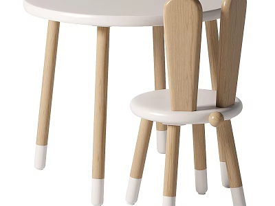 Nordic Cute Natural Solid Wood Rabbit Ears Children Chair With Smooth White Round Kids Table 3d model
