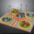 Colorful Flower Plants In Circular Beds At Urban Square With Street Lamps And Paved Paths