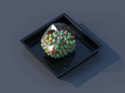 Small Colorful Granular Food on Black Square Tray with Transparent Hemispherical Lid Green Red White 3d model