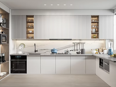 Modern Kitchen Interior Featuring Striped Upper Cabinets White Lower And Marble Countertop With Appliances 3d model