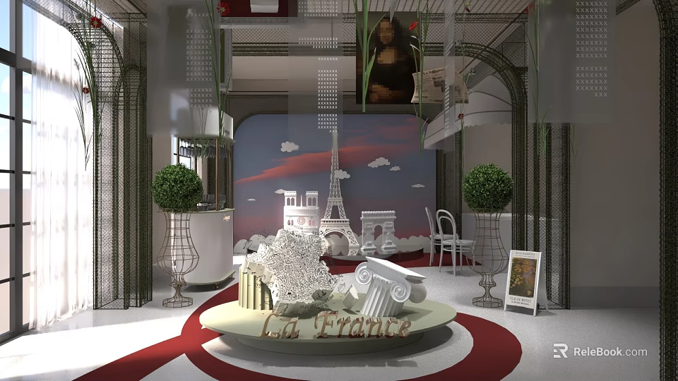 La France Themed Art Installation With Eiffel Tower Sculpture Arched Structures And Green Plants 3d model 