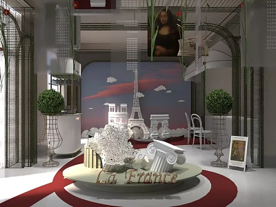 La France Themed Art Installation With Eiffel Tower Sculpture Arched Structures And Green Plants 3d model