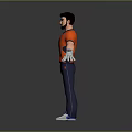Man Arms Outstretched Orange Polo Shirt Dark Blue Pants White Gloves Blue Sneakers Gray Background