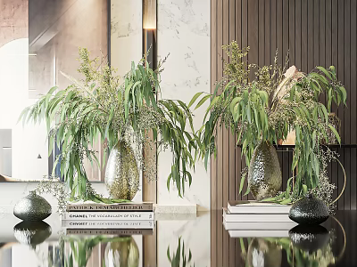 Elegant Modern Interior Vase Green Plants On Tabletop With Books Small Decor Wooden Marble Wall 3d model