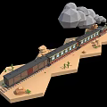 Electric Toy Steam Train on Tracks with Desert Rocks Cacti and Smoke