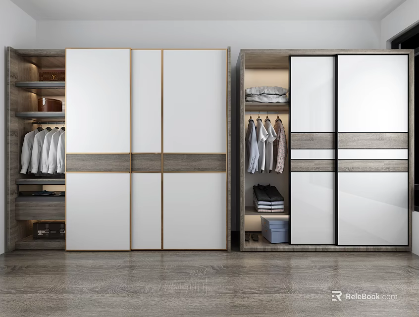 Modern Wardrobes With Wooden White Panels And Glass Doors Featuring Hanging And Folded Clothes Storage 3d model 