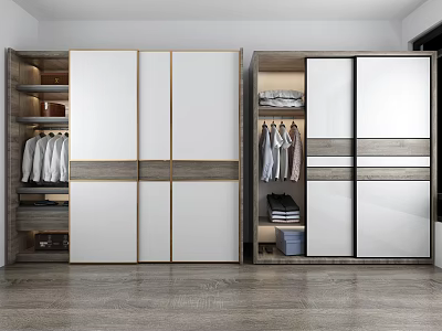 Modern Wardrobes With Wooden White Panels And Glass Doors Featuring Hanging And Folded Clothes Storage 3d model