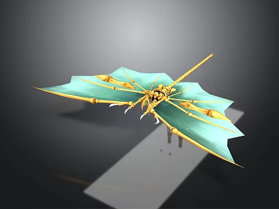 Green Dragonfly Model With Blue Yellow Wing Details Golden Body On White Platform 3d model