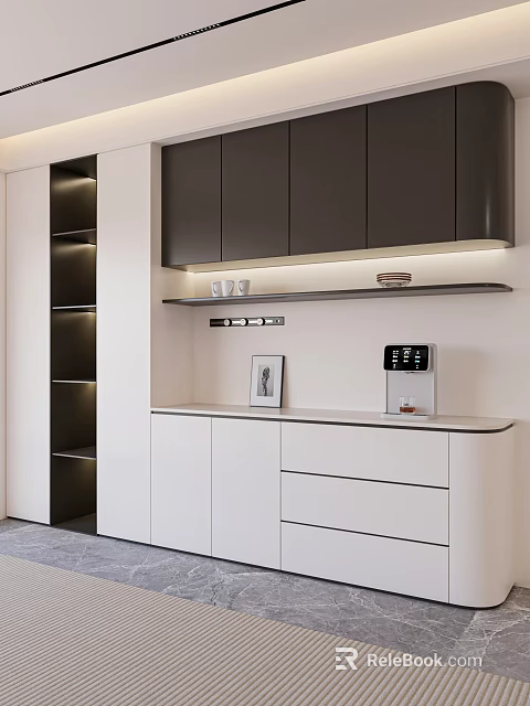 Modern Sideboard With White Cabinets Dark Open Shelf LED Lighting Water Dispenser And Storage Drawers 3d model 